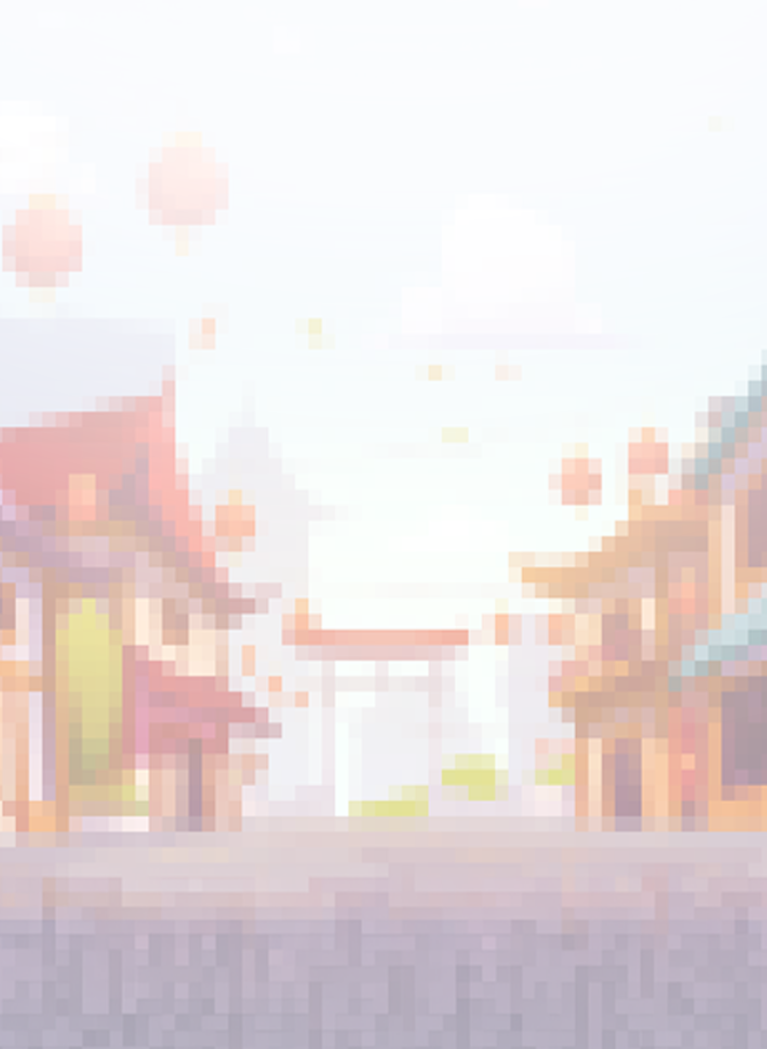Soft pastel illustrated city street with colorful buildings, blue sky, clouds, and floating decorative shapes.