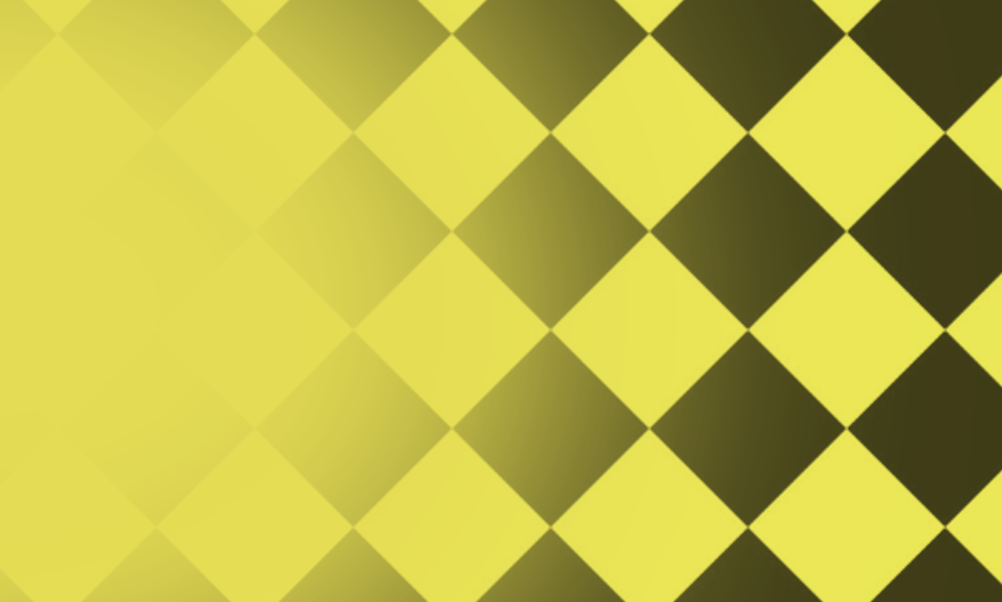 Bright yellow background with a repeating black-and-yellow diamond checker pattern fading toward the left.