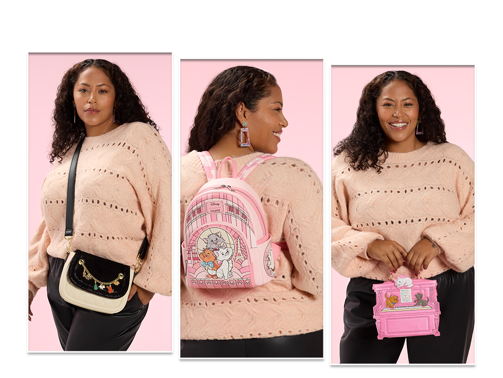 Pink background with model showcasing Aristocats Loungefly accessories
