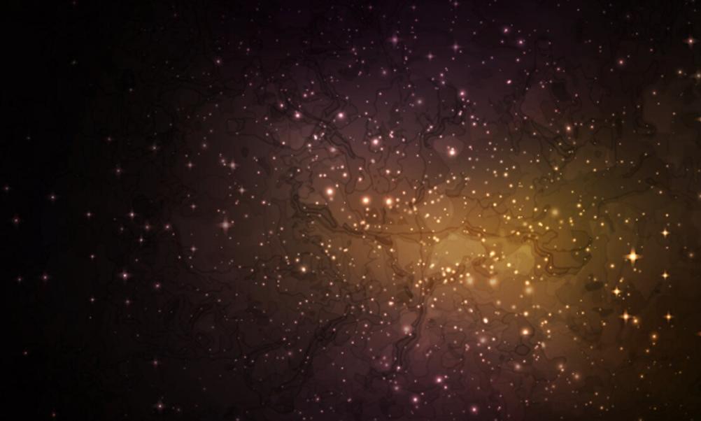 Dark cosmic background with glowing stars, golden nebula light, and subtle constellation-style line art across a deep purple space scene.