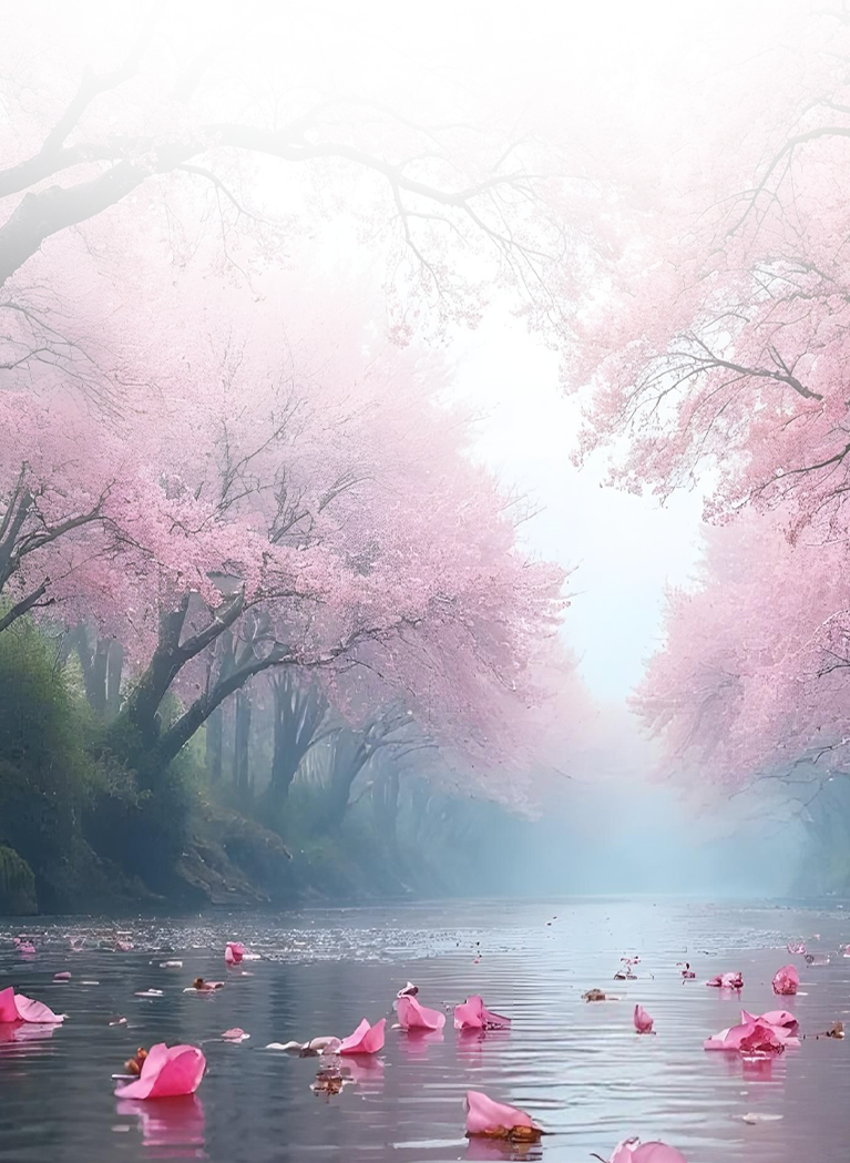 Misty river lined with pink cherry blossom trees, with fallen petals floating on calm water in a serene spring landscape.