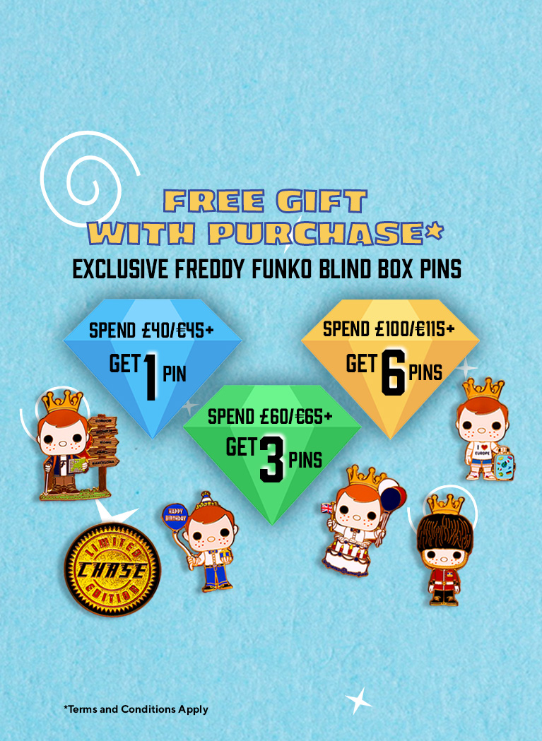 Blue background with Freddy Funko Pins scattered with information on a promotion
