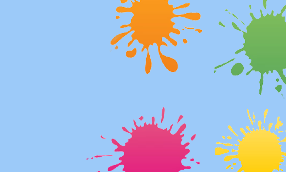 Light blue background with pain splats in orange, green, pink and yellow