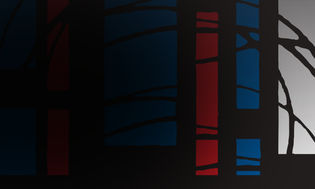 Black with sections of red, blue and white and black swipe patterns