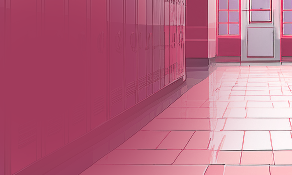 Illustration of high school corridor with pink overlay