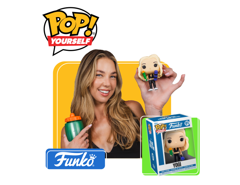 Blonde model holding a Pop Yourself figure or herself