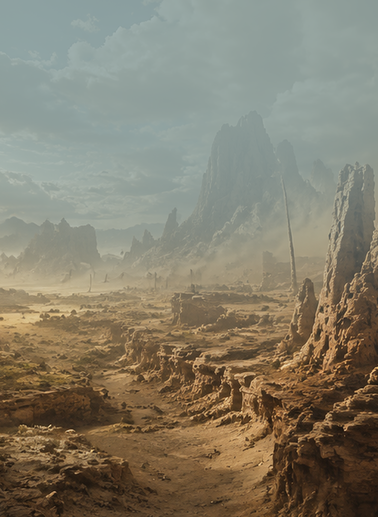 Epic rocky desert landscape with towering stone formations, golden grasslands, scattered trees, and a dramatic blue mist,