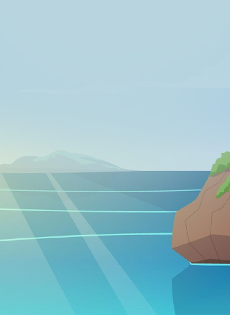 Stylized tropical ocean scene with sun rays shining through clear blue water, distant islands, and coastal cliffs.