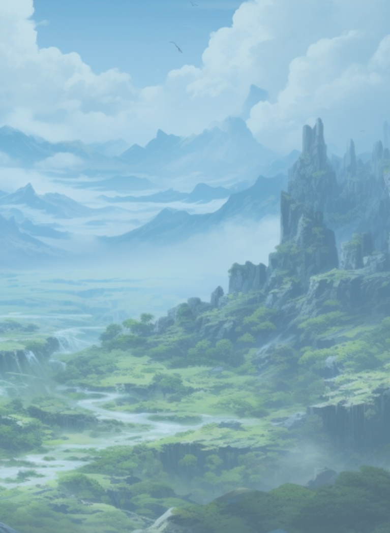 Epic blue fantasy mountain landscape with towering rocky peaks, green valleys, waterfalls, clouds, and distant mountains