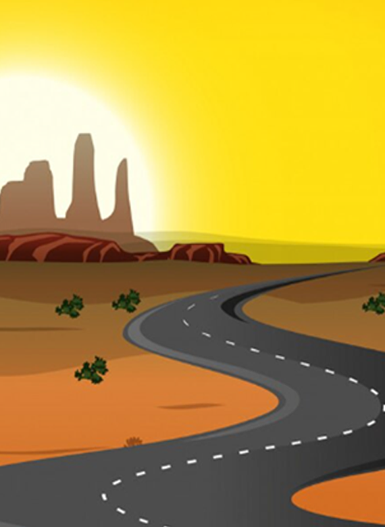 illustration of canyon road with sun shining low in the sky