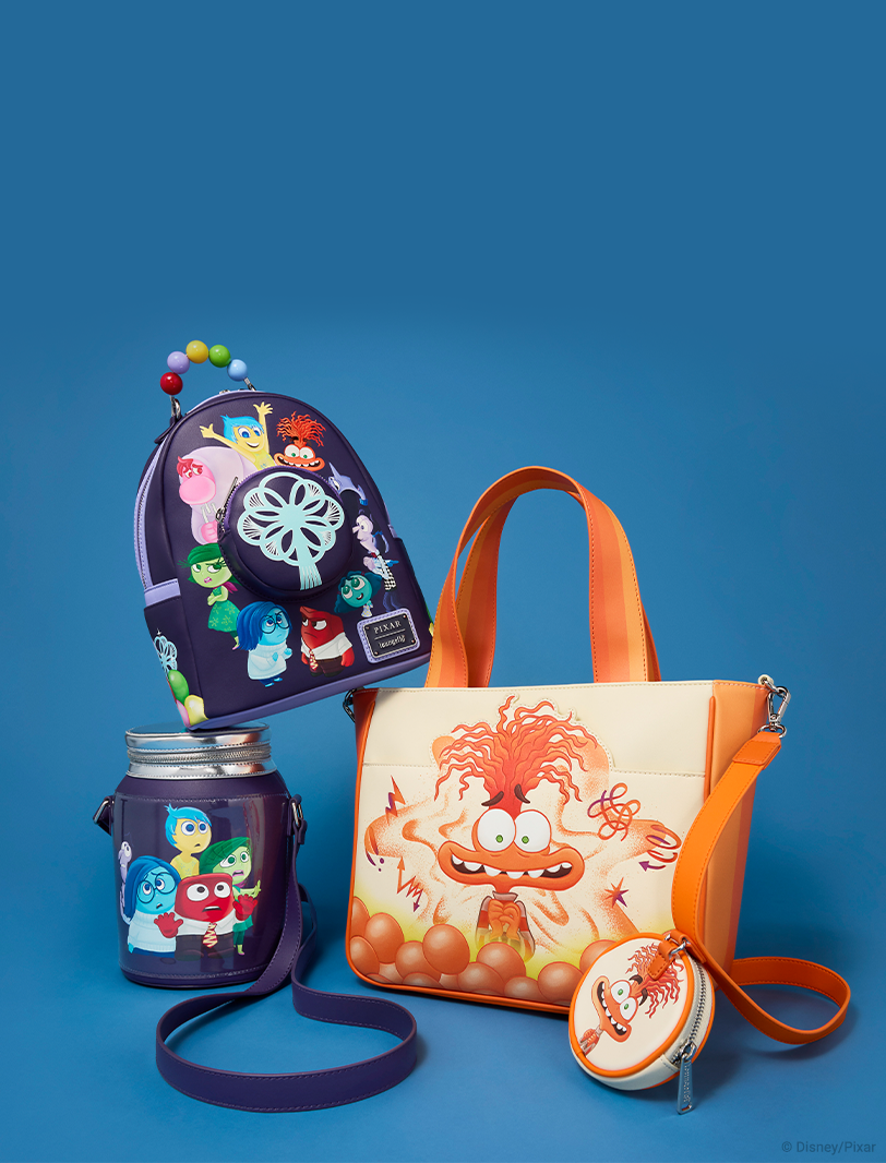 Blue Background with selection of Inside Out Loungefly accessories