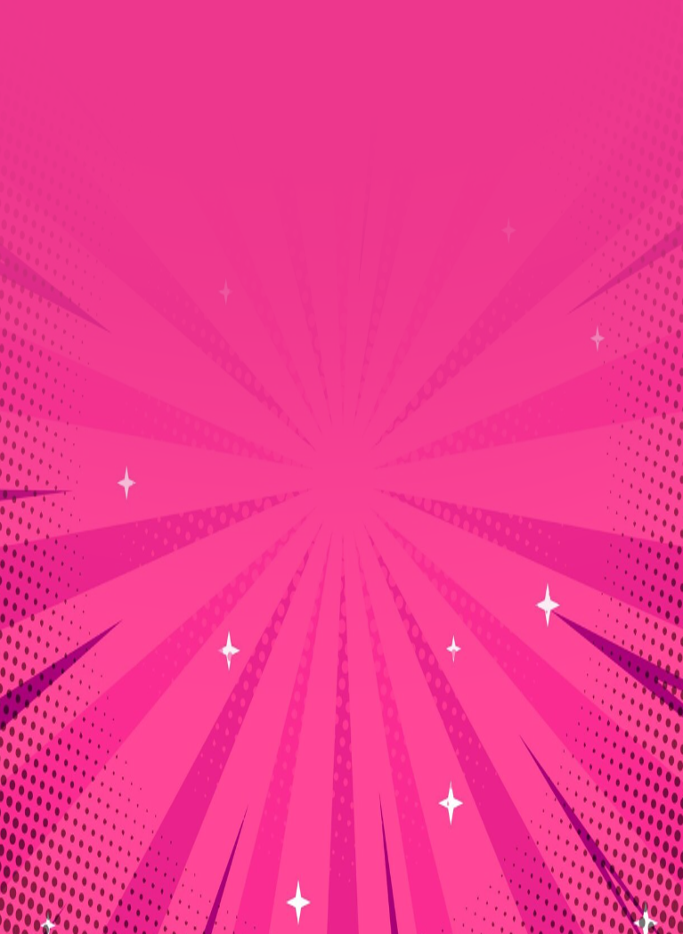 Bright pink background with comic style dots, swirls and stars