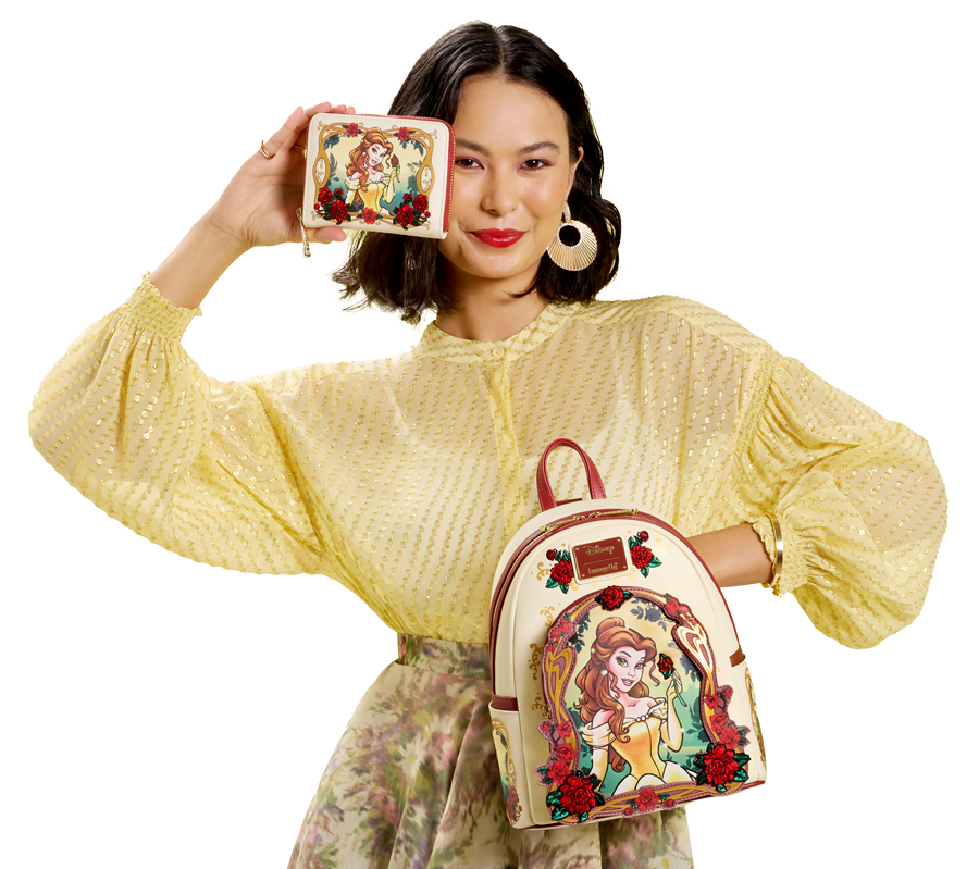 model with Animaniacs Loungefly backpack and wallet