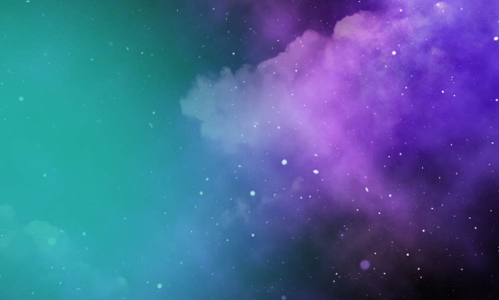 Teal and purple cosmic background with colourful nebula clouds, stars, and glowing space dust.