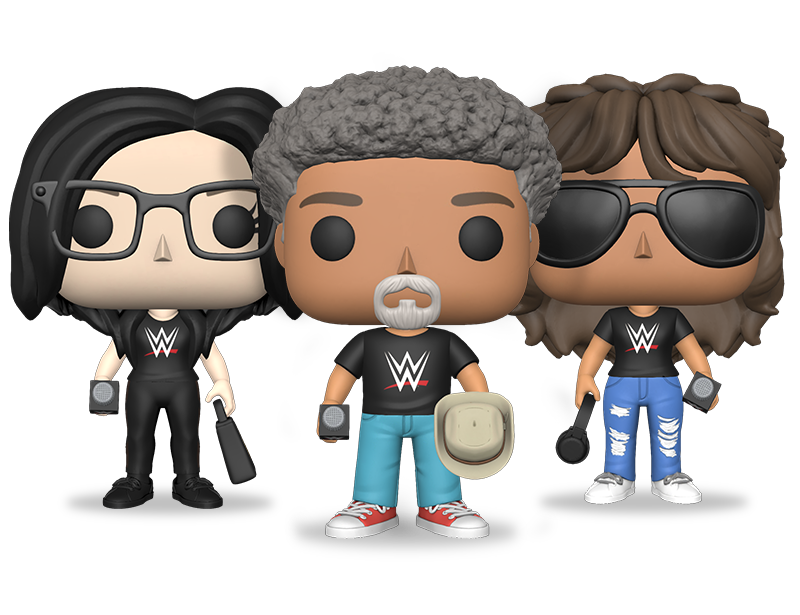 Three personalised Pop Yourself figures holding microphones and other accessories