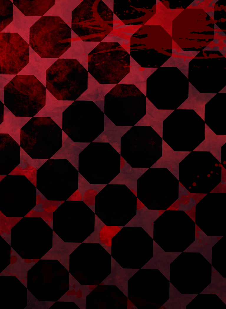 Dark red and black geometric background featuring octagonal shapes, grunge textures, and blood-red splatter effects.