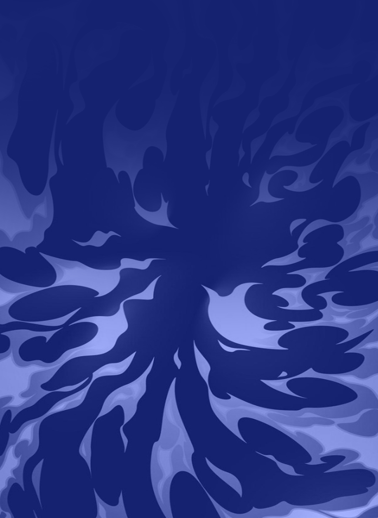 Dark blue abstract background with swirling pale blue flame and smoke-like shapes radiating across the design.