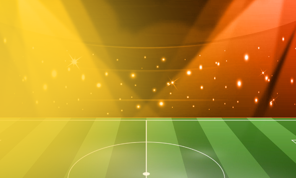 Soccer field under bright stadium lights with glowing sparkles and a dramatic sports arena atmosphere.
