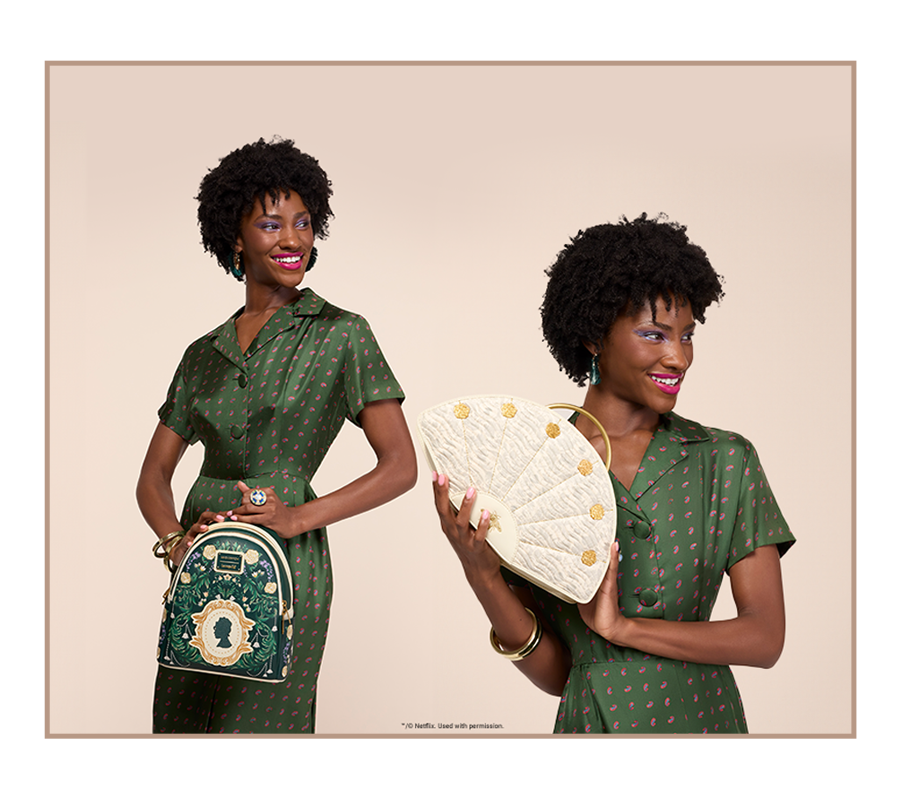 Model holding Loungefly Bridgerton accessories