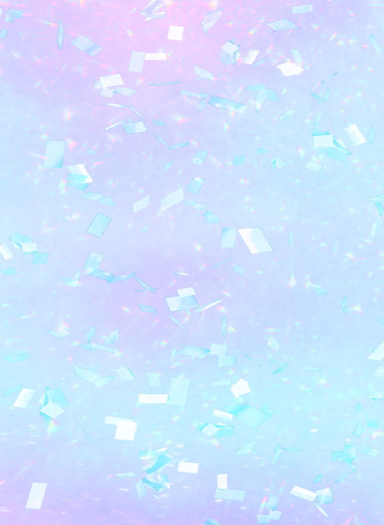 Pastel blue, pink and lavender iridescent background with floating holographic confetti