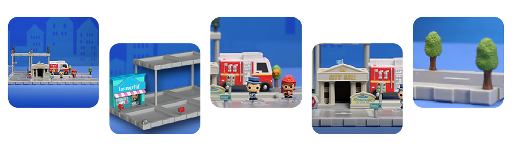 Blue background with close up images of Bitty City elements
