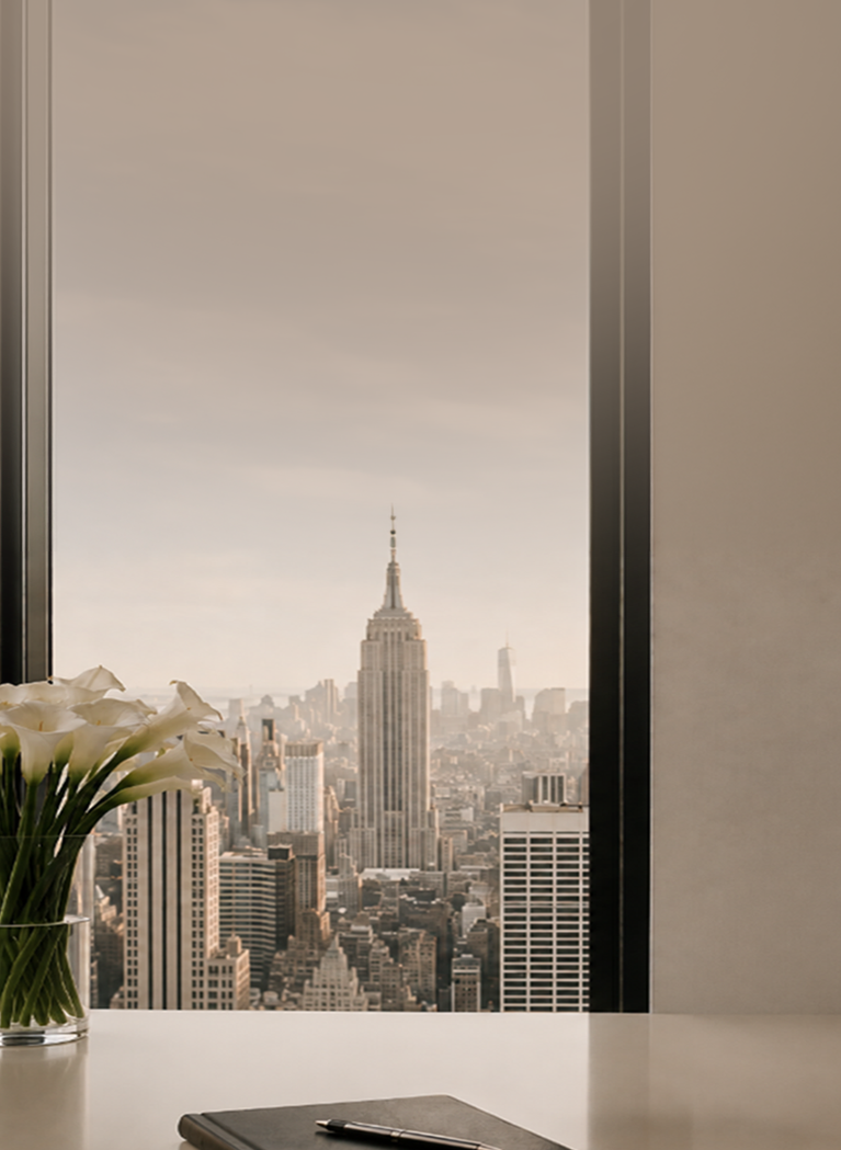 Sepia tone executive office background with desk in the foreground and large window in the back showing the New York skyline