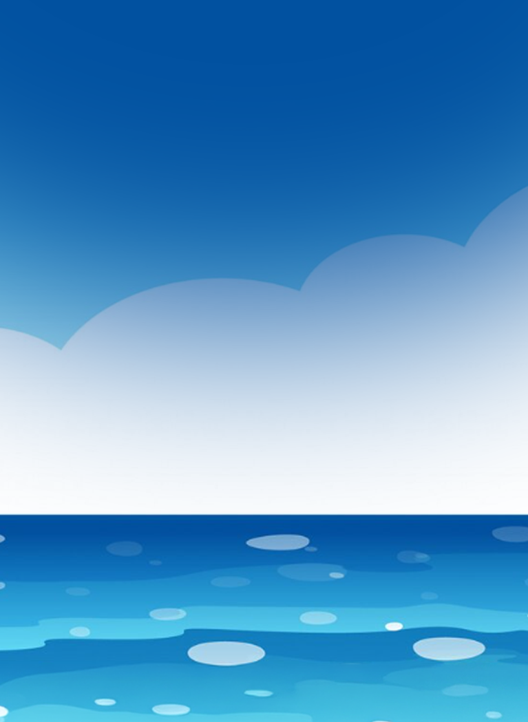 Minimalist illustration of a tranquil blue ocean beneath large white clouds, with a gradient sky and shimmering water reflections creating a peaceful coastal backdrop.