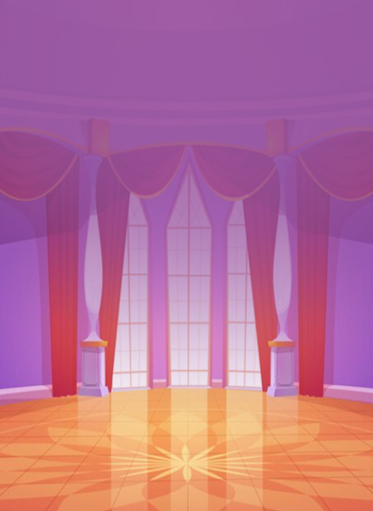 Fairytale castle ballroom with red curtains and grand arched windows.