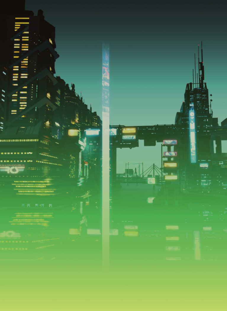 Neon-lit cyberpunk city skyline with futuristic skyscrapers, glowing signage, and green atmospheric haze.