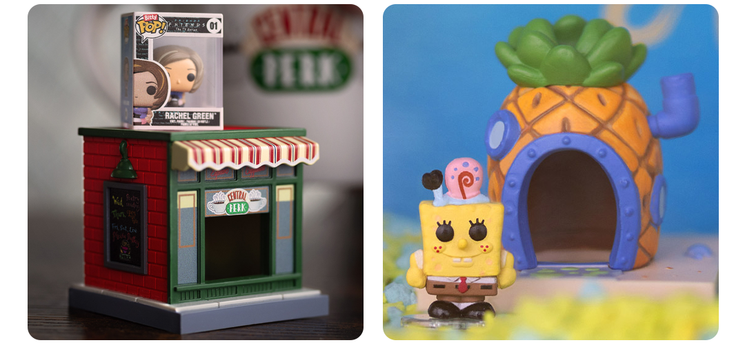 Collage of Bitty POP! Bitty-Verse collectibles featuring Friends and Spongebob Squarepants