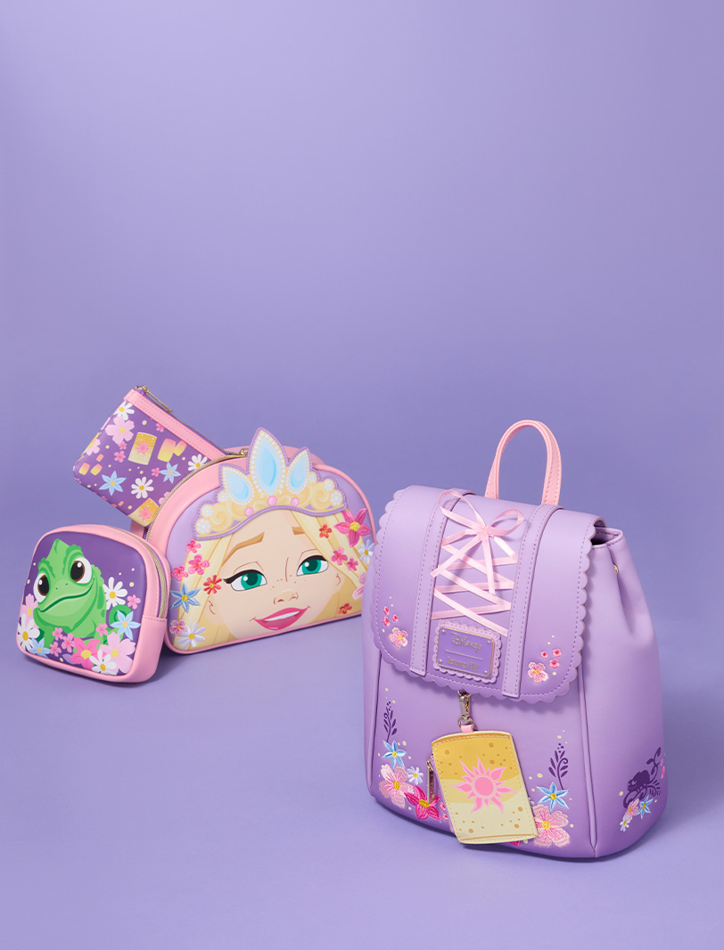 Lavender background featuring Rapunzel Loungefly Accessories