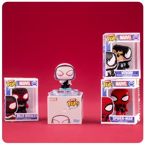 Red background with Funko Spiderman Bitty POP! 