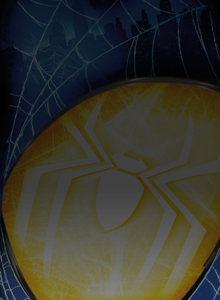 Dark Blue background with New York city skyline and a White spider web