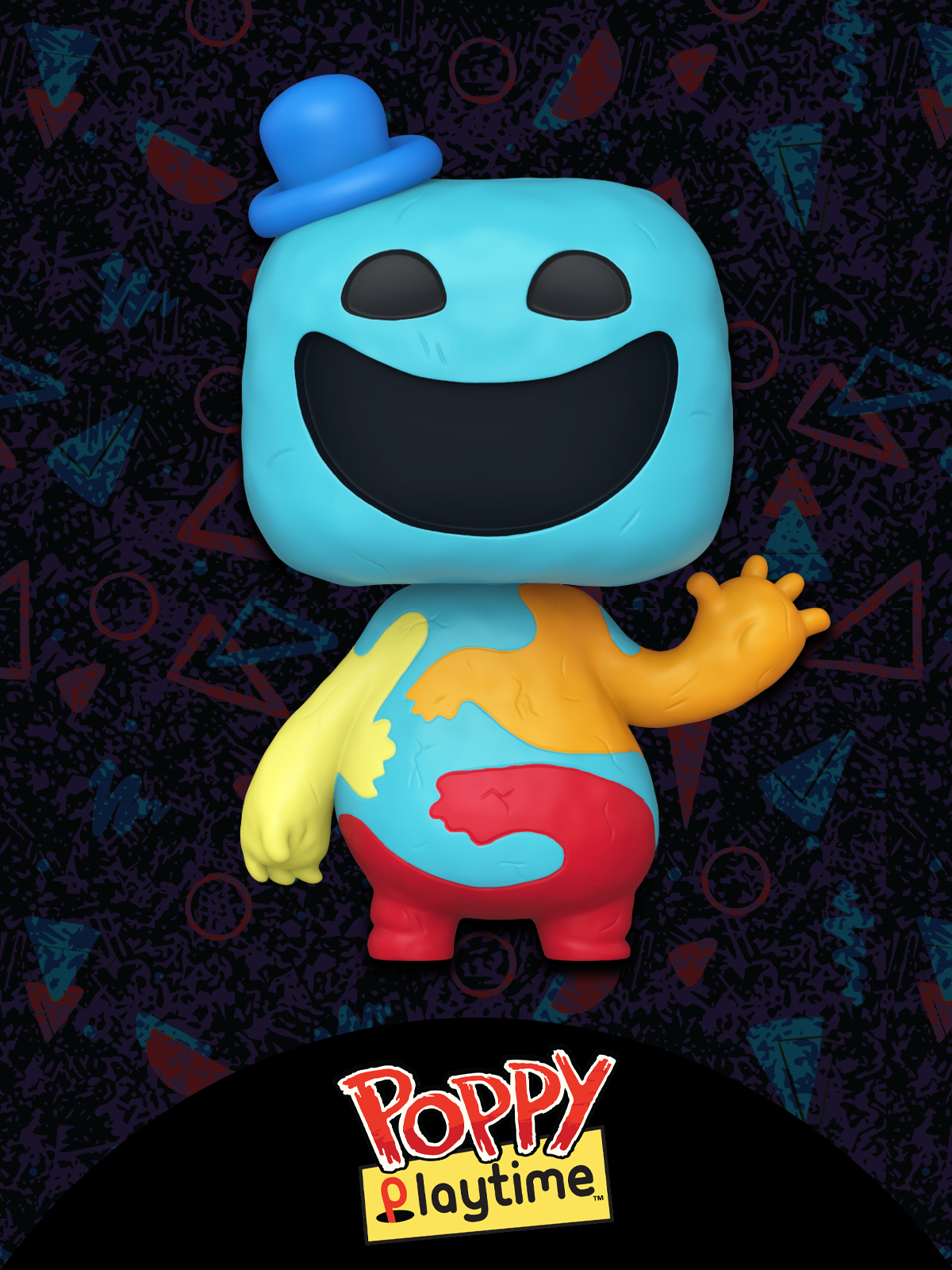 Dark retro pattern with faded effect featuring Funko Pop! Poppy Playtime vinyl collectibles