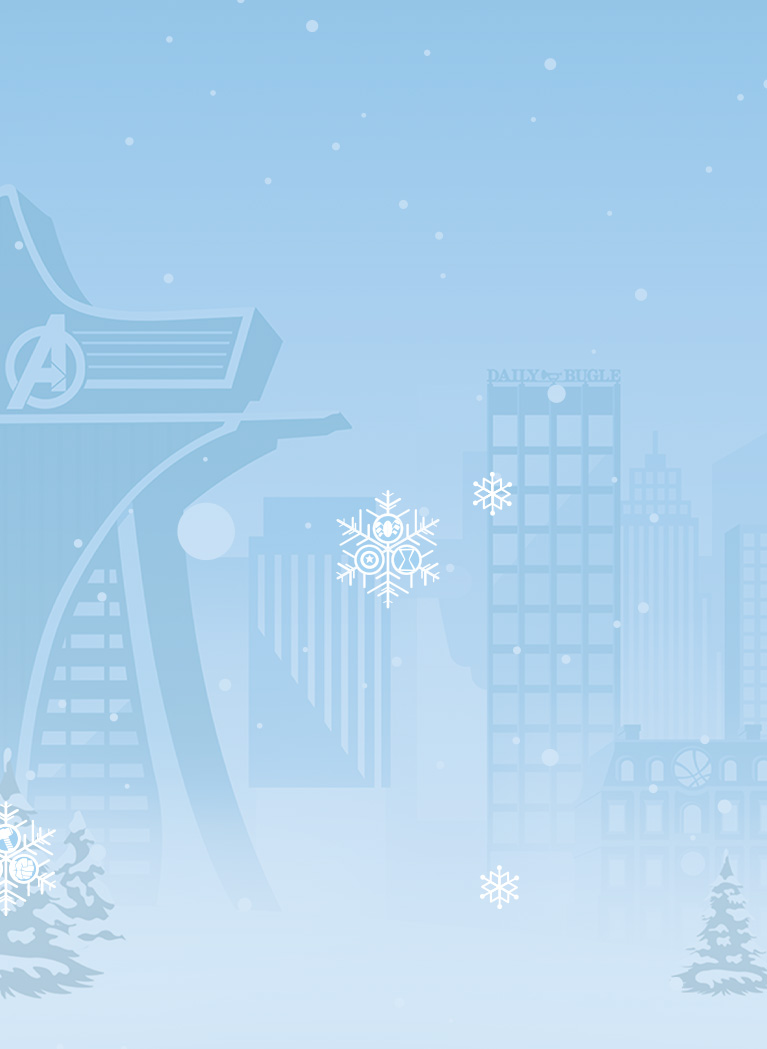 Light Blue background with cartoon image of Marvel Avengers Tower and Daily Bugle in city skyline with White snowflakes