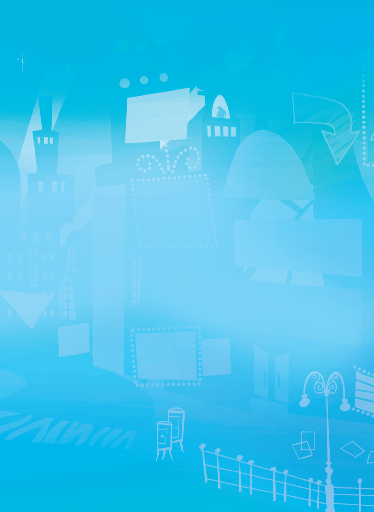 Blue background with cartoon city skyline