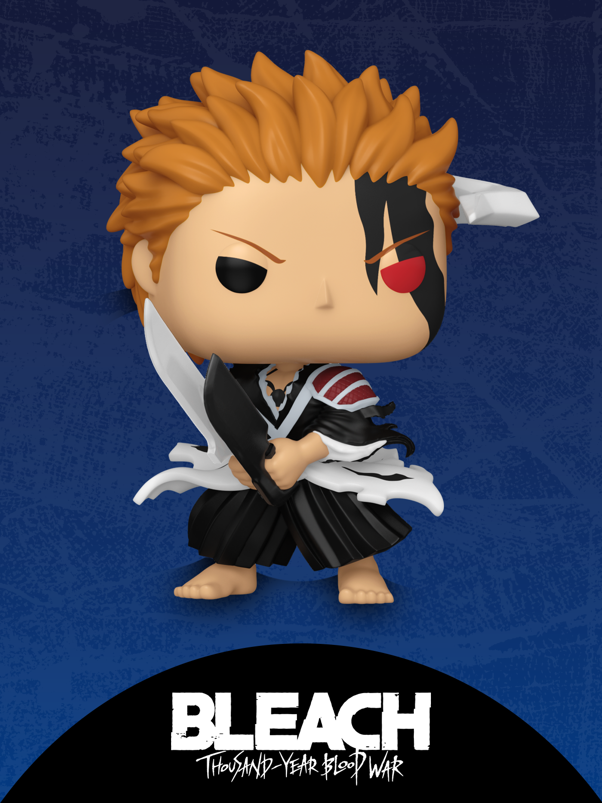 Blue gradient background with grunge texture featuring Funko Pop! Bleach vinyl collectibles