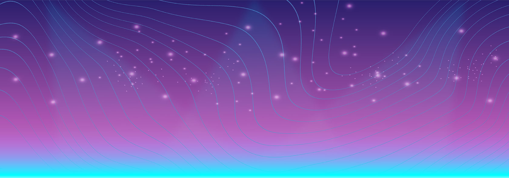 Purple gradient background with Blue wavy lines featuring Pink sparkles and Blue spotlights