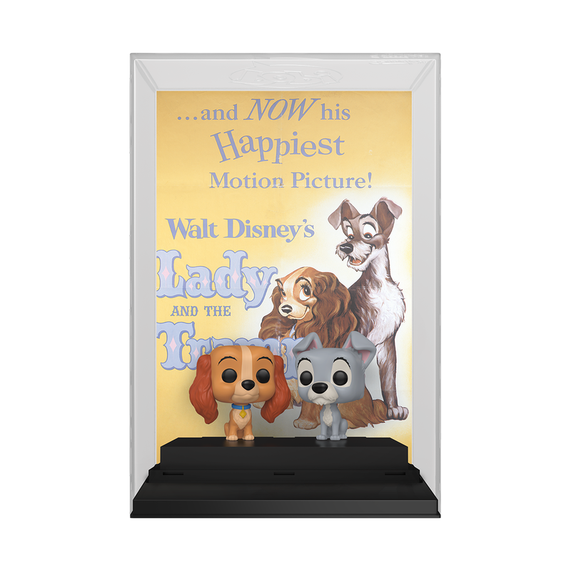 The Pop! Movie Posters Lady and the Tramp features the original poster artwork from Disney’s Lady and the Tramp, along with Funko Pops! of Lady and Tramp as they share a piece of spaghetti. The artwork and collectibles appear in a transparent acrylic display case.