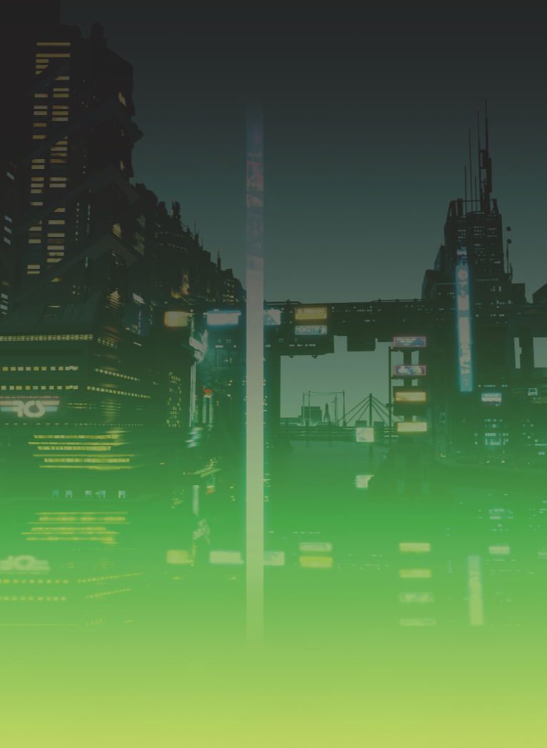 Sci-fi city background with Black to Blue gradient sky and Neon Green overlay at the bottom