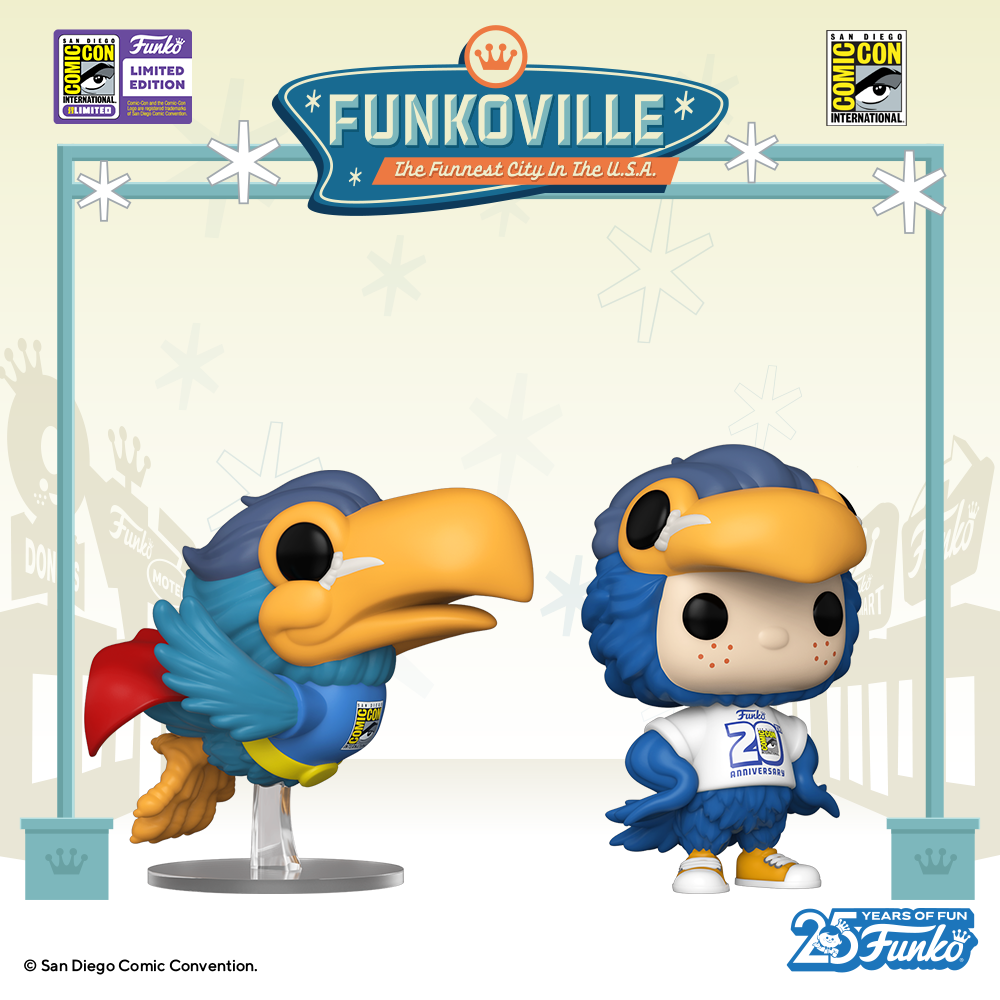 An image announcement from San Diego Comic Con, featuring the SDCC exclusive Pop! SDCC Toucan mascot and Pop! Freddy dressed as the SDCC Toucan Mascot.