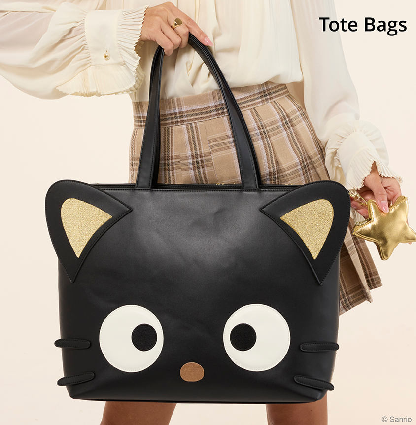 Tan background with model showcasing Lougnefly Sanrio Chococat Tote Bag
