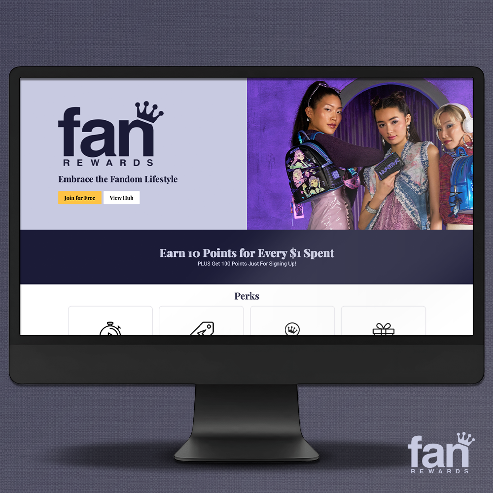 Dark Purple background with Black computer screen with screen grab of Loungefly Fan Rewards