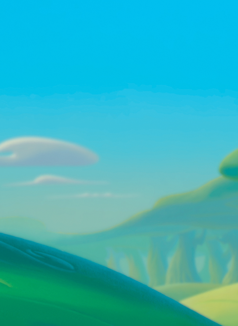 Blue sky with clouds and Green field with trees cartoon background with blur effect