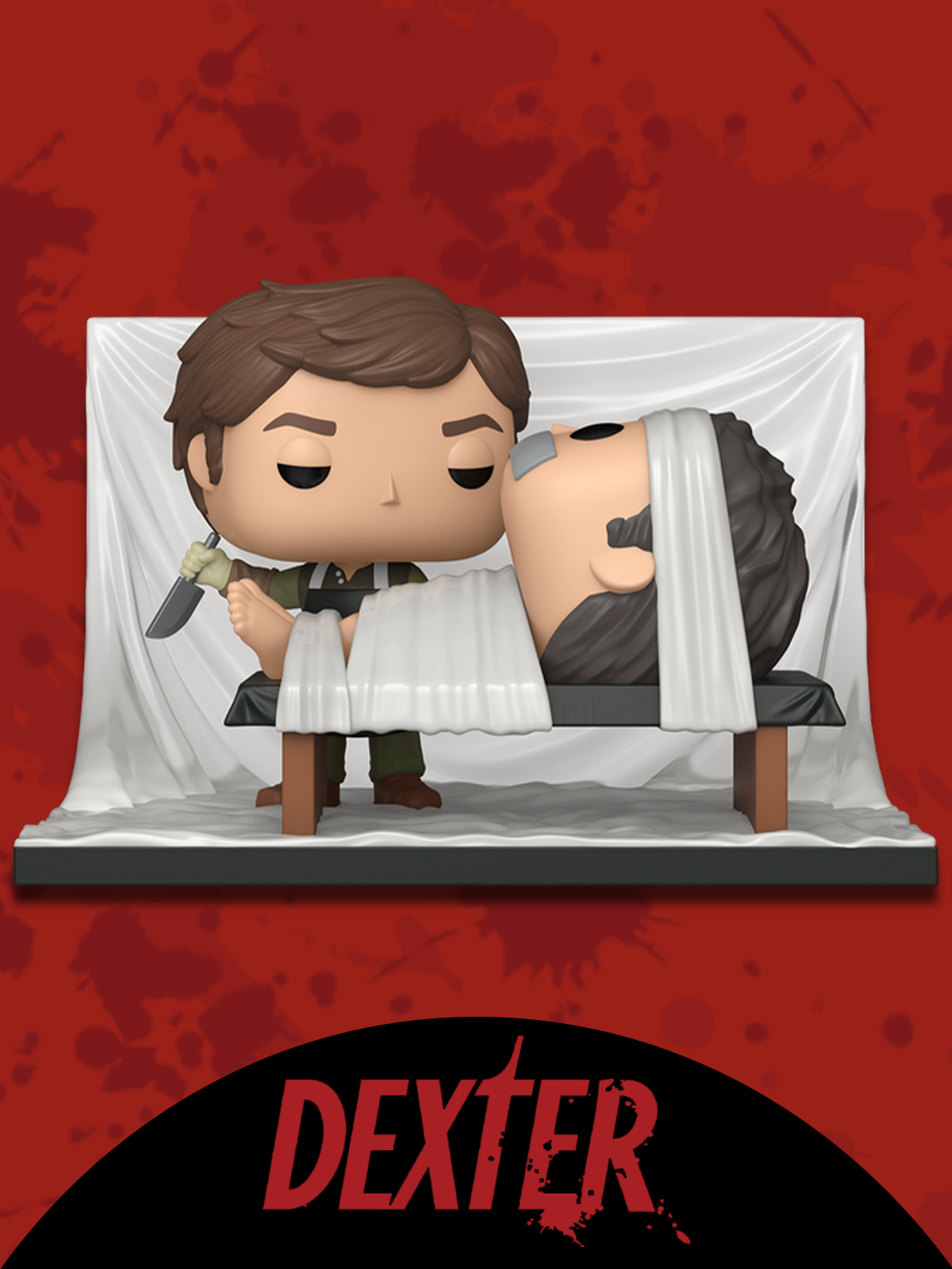 Red blood splatter background featuring Funko Pop! Dexter vinyl collectibles