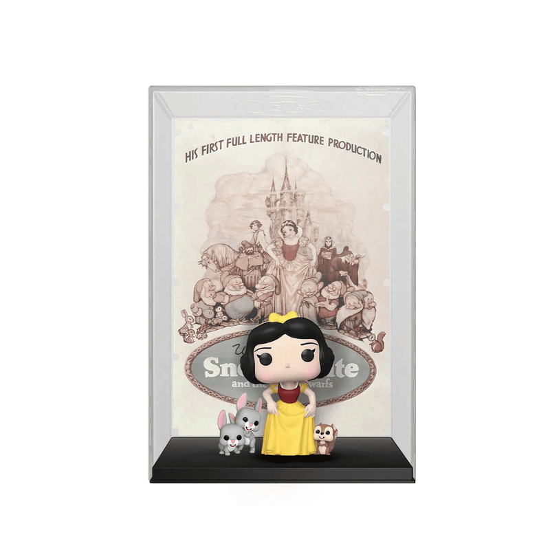 The Pop! Movie Posters Snow White with Woodland Creatures features the original poster artwork from Disney’s Snow White, along with a Funko Pops! of Snow White, two rabbits, and a squirrel. The artwork and collectibles appear in a transparent acrylic display case.