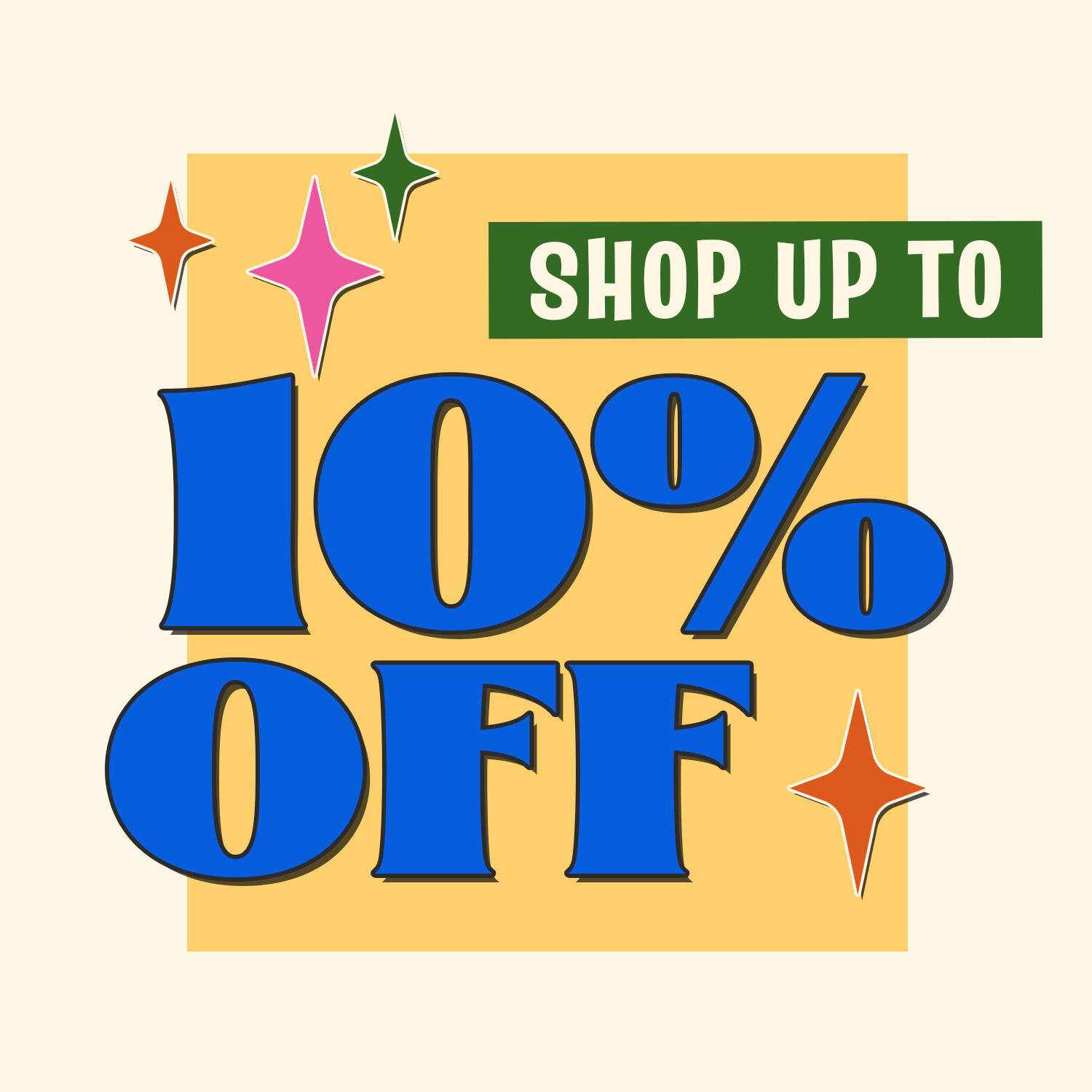 Tan background with bright Yellow box with Blue text messaging "shop up to 10% off". Click to shop the Summer Sale!