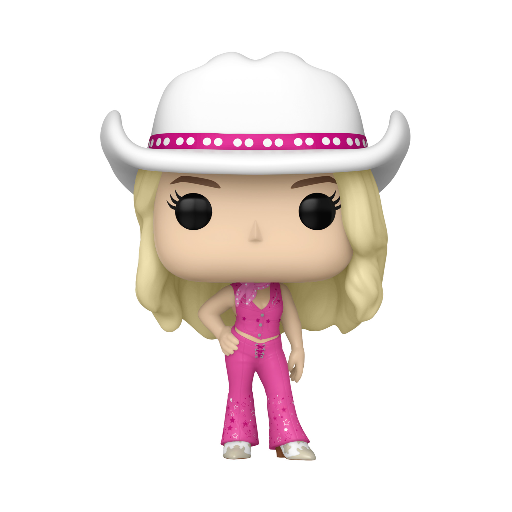 Pop! Western Barbie wears a pink cowgirl outfit with a white cowboy hat.