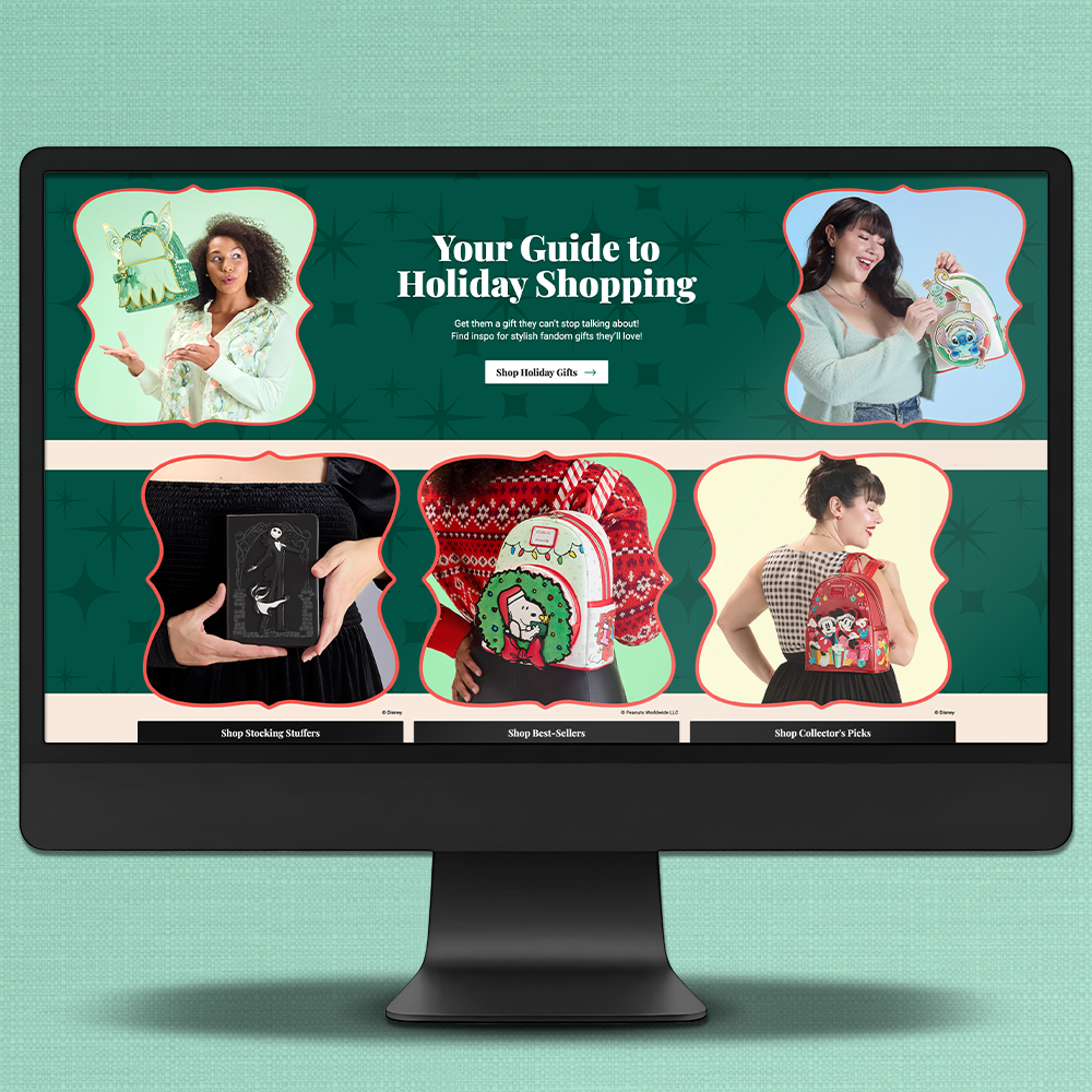 Teal background with Black computer screen with screen grab of Loungefly Holiday Gift Guide