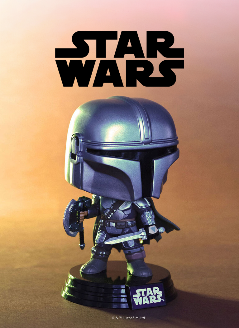 Dark Blue sci-fi background with rolling hills and fog featuring Funko Pop! Star Wars vinyl collectibles
